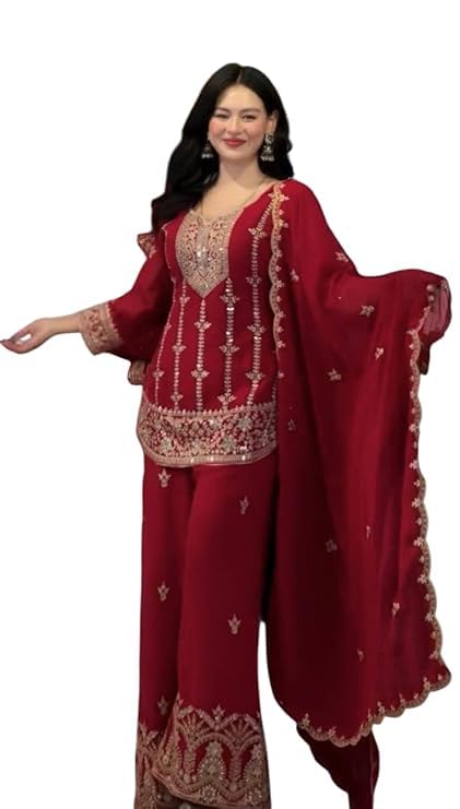 Image of Women's Fancy Heavy Fox Georgette With Heavy Embroidery Work With Borders Less Work Sleeve With Fancys Latkan Dori Kurta Set with Dupatta For Wedding
