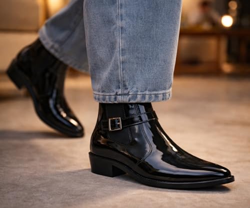 Image of Kraasa Men's Synthetic Leather Ankle Boots with Side Buckle Strap, Elastic Panel & Durable TPR Sole Casual & Formal Wear Boot