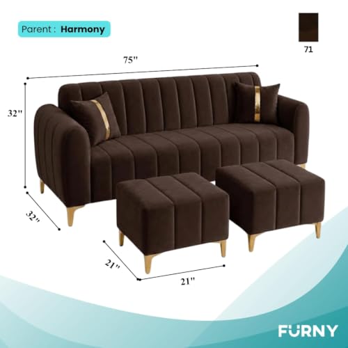 Image of FURNY Harmony 5 Seater L Shape Sofa Set with 2 Movable Ottoman & Golden Legs| Flexible Left or Right Layout | Plush Velvet Fabric (Dark Brown Color) | Perfect for Living Room, Guest Room & Office