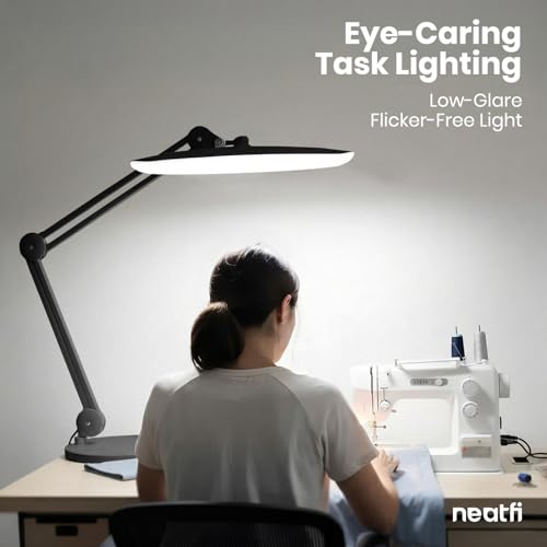 Image of Neatfi XL 2200 Lumens 20W LED Desk Lamp with Clamp - Adjustable Color Temperature | 4-Level Dimmable Light | Home Office, Crafts & Workbench | 20-Inch Wide Head (Black, CCT with Base)