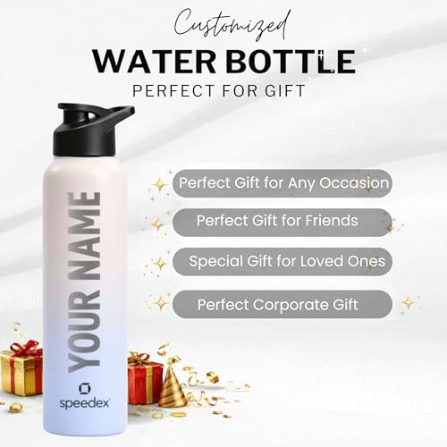 Image of Speedex Engraved Name Stainless Steel Sipper Water Bottle 1 Ltr - Customised Personalised Bottle for Kids & Adults, School, Gym, Sports, Black, Set of 1 (Pink Blue, Set Of 1)
