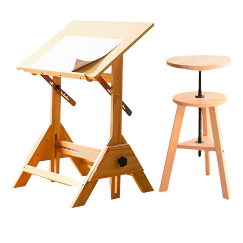 JTMDZDD製図台 昇降式テーブル リビング 無垢材で角度調整可能、高さ調整可能、スツール付き リビングルーム スタジオ ベッドルーム 45*60cmB