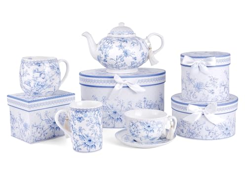 Taza de té y café floral azul de porcelana de hueso 480 ml miniatura 7