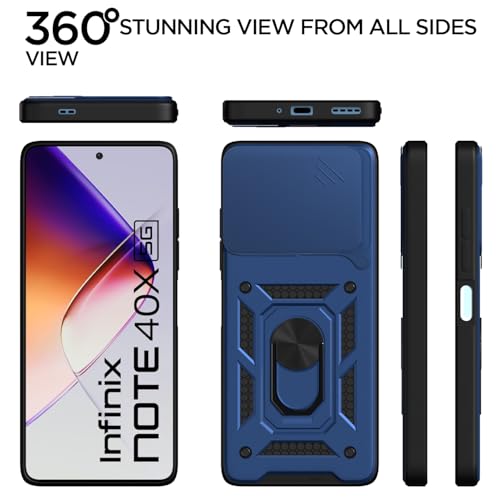 Image of Pikkme Back Cover for Infinix Note 40x 5G | 360 Protection Case | Sliding Camera Shield Cover & Ring Holder Stand D10 Tough Armor Bumper Case (Blue)