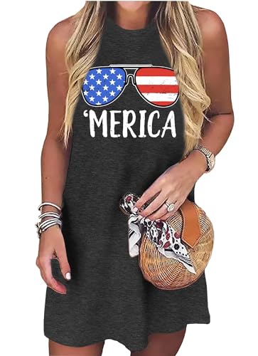 Image of VVNTY American Flag Tank Dress Women: 4th of July Shirts Sleeveless Patriotic USA Flag Tees Casual Summer Tanks Sundress