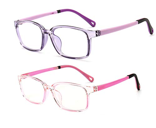 FOURCHEN Kids Blue Light Blocking Glasses 2 Pack,Anti Blue Light Glasses for Kids Computer Glasses,UV Protection Anti Glare EyeglassesGaming Glasses for Children (clearpink+clearpurple)