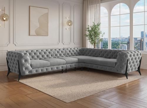 DecoInParis Canapé capitonné Chesterfield d'angle réversible en Velours Gris Carmen