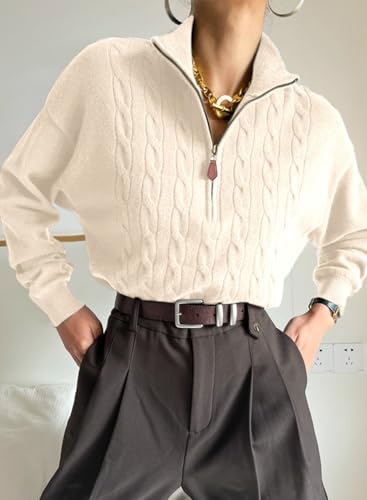 Dokotoo Women's Sweaters 2025 Fall Winter Quarter Zip Casual Ribbed Cable Knit Pullover4