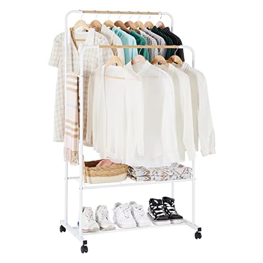 YOUDENOVA Burro Ropa con Ruedas, Perchero Burro Roap, Barra doble y 2 Estantes, Soporte para Zapatos, Gran Almacenamiento, 82 x 51 x 155cm, Blanco