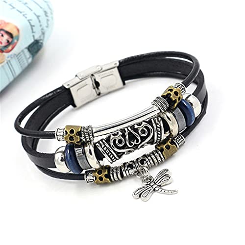 Smalllove Bohemian Leather Bracelets For Men And Women Vintage Punk Alloy Butterfly Key Adjustable Beaded Wrap Multilayer Braided Cuff Bangles Wristband Wrist Decor Bracelet (Black Dragonfly) #TOP2