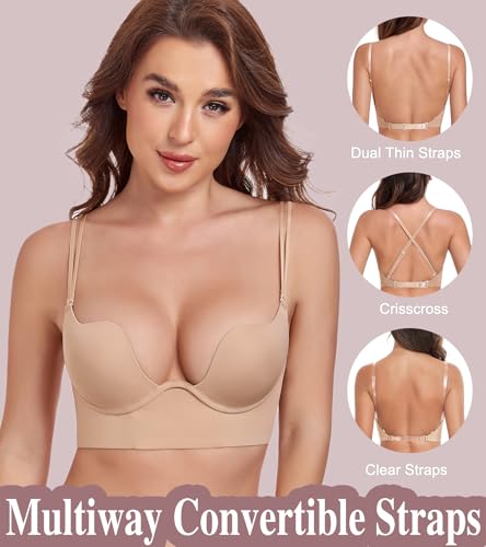 Image of Lemorosy Plunge U Backless Push Up Bra Multiway Convertible Low Cut Underwire Bras for Women