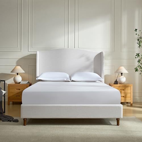 LOONGYOON Queen 54" Tall Headboard Wingback Upholstered Platform Bed Frame Premium Textured Canvas Chenille Look for Bedroom Strong Wood Slats Support No Box Spring Needed Easy Assembly No Noise Ivory