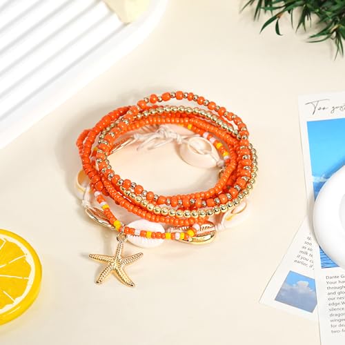 Image of 7 Pack Boho Beaded Shell Anklet Bracelets for Women Colorful Stretch Cowrie Seashell Starfish Ankle Bracelet Stack Adjustable Summer Beach Accessories Cute Hawaiian Jewelry