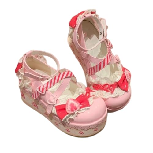 ZQW Women's Kawaii Cute Bow Strawberry Cake Lace Chunky Mary Jane Heels – Round Toe Lolita Y2K Aesthetic Platform Wedge Shoes with Sweet Bow & Heart Decor