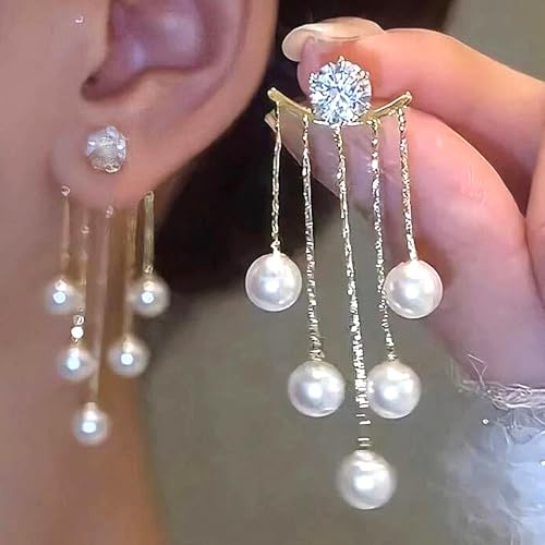 Trendy Boho Pearl Dangle Earrings Rhinestone Tassel Chandelier Earrings Hypoallergenic Front Back Earrings Jewelry Accessory Presents for Wedding Prom2