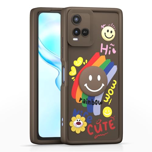 Image of Pikkme Back Cover for Vivo Y21 2021 / Y33s | Soft Silicone| Cute Rainbow Smile & 3D Cartoon Flower Design | Shockproof Raised Camera Protection Bumper Case (Brown)