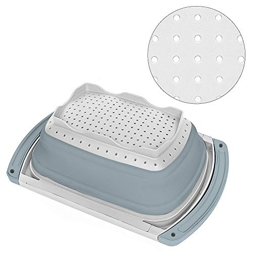 Qimh Collapsible Colander | Over The Sink Silicone Kitchen Strainers and Colanders with Extendable Handles | Veggies, Fruit and Pasta Foldable Strainer for Kitchen, 6-Quart, BPA Free