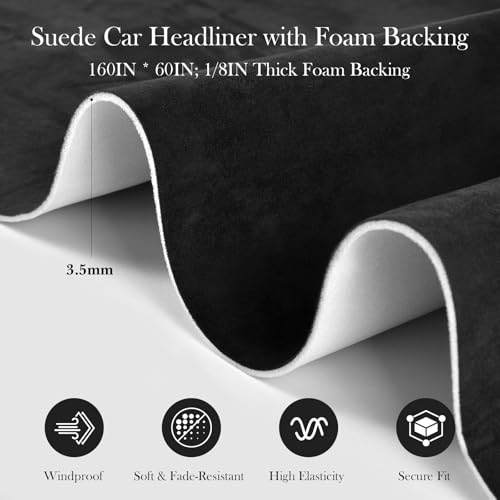 Garifon Black Suede Headliner Fabric, 160" L×60" W Car Headliner Material, Tela para Tapizar Techo de Auto, Suede Wrap Car Interior, Auto Head Liner for Truck, Foam Backed Automotive Headliner Fabric by Garifon - Image 2