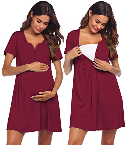 Ekouaer Womens, Labor/Delivery/Maternity/Nursing, Short Breastfeeding Nightgown Nightshirt for Hospital, Wine Red, Large