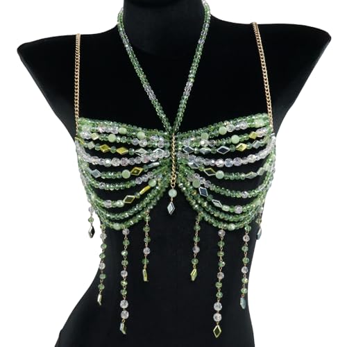 Handmade Green Beaded Body Chain Top, Fresh Mint & Forest Bead Bustier, Adjustable Bohemian Bikini, Festival Beachwear for Women
