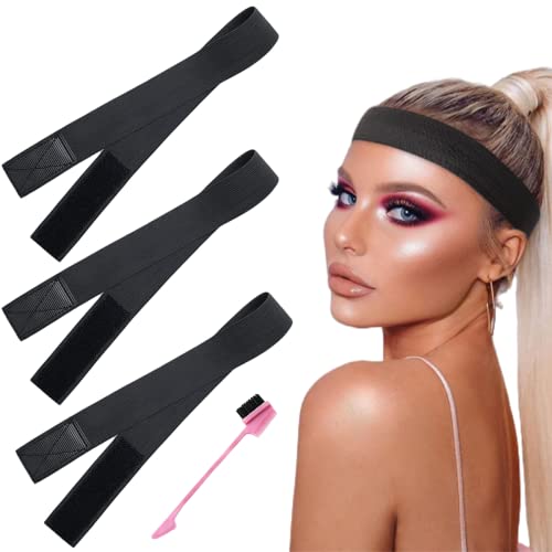 Lot de 3 Bandes Élastiques pour Perruque Inclus 1 Brosses de Bord de Cheveux - Bandeau Réglable pour Perruques, Bords et Fermeture Frontale - Sangle Élastique pour Maintien des Perruques