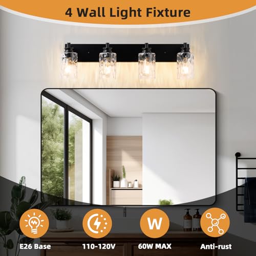 AMRUIPO 4 Light Bathroom Vanity Light Modern Black Bathroom Light Fixtures Over Mirror with Hammered Glass Lampshade for Kitchen Hallway by AMRUIPO - Used condition - Image 6