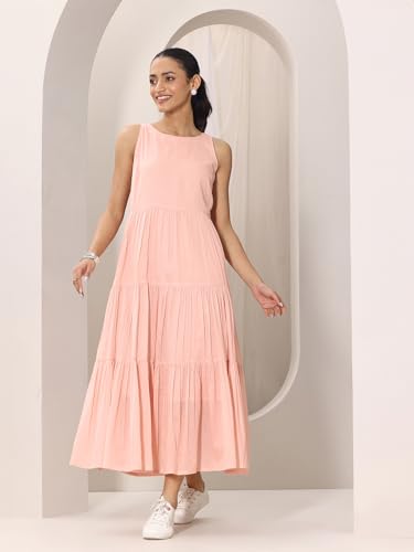 Image of Libas Solid Cotton Fit and Flare Dress for Women