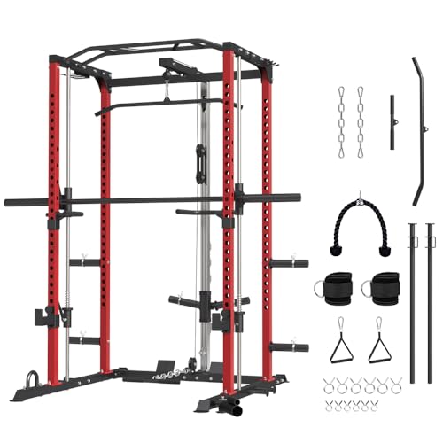FAGUS H Smithe Machine Power Cage, Multi-Functional Power Rack with LAT Pulldown, Seated Row, Cable Pulley System, J-Hooks, Dip Bars, Landmine, Squat Rack for Full Body Workouts Home Gym, Red