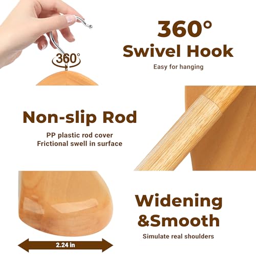 Coat Hanger 8-Pack, MEQUTION Wood Hangers Trouser Hangers Extra Wide Shoulder Wooden Hangers for Heavy Coat, Sweater, Skirt, Suit, Pants, Retro Finish (Natural)