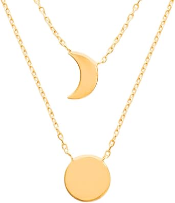Sun and Moon Layered Chain Necklace 18K Gold Plated, 15.9-17.7 in