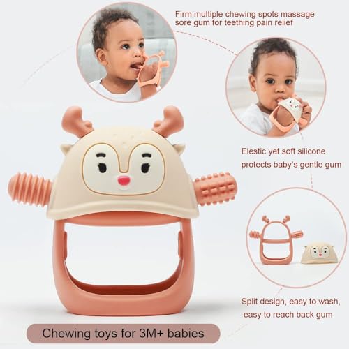 Image of Teething Toys /Teethers for Babies 6-12 Months, Reindeer Baby Chew Toy 3-6 Months for Teething Relief, Get-A-Grip Baby Hand Teether, Silicone Teething Mittens for 0-6Months, (Nude)