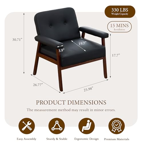Image of STHOUYN Upholstered Accent Chair, Black Leather Chair with Wood Frame (1) | STHOUYN, Tufted Backrest, Reading, Mid-Century Modern, Comfy, Living Room, Waiting Room