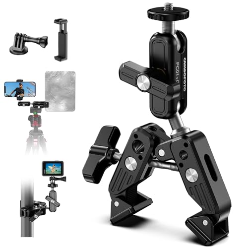 Support caméra Super Clamp avec Bras Magique Double rotule 360°, filetages 1/4"-20 et 3/8"-16, pour téléphone, LED, Reflex, GoPro, Insta360, trépied, Bureau (Noir Carbone)