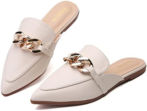 EasySmile Metal Chain Decor Flat Mules for Women Closed Pointed Toe Slip on Loafers Slides Backless Mules Shoes