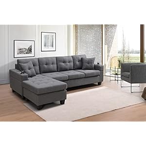 Convertible L Shaped Couch with Storage Reversible Sectional Sofa for Small Space with 2 Cup Holders for Living Room,Chaise Longue Left, Light Grey