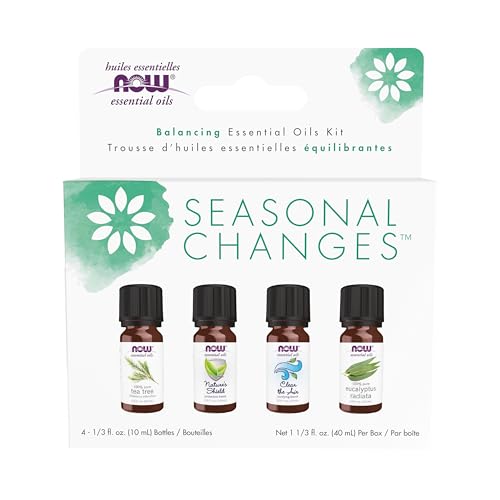 NOW Essential Oils, Seasonal Changes Balancing Aromatherapy Kit, 4x10ml Including Tea Tree, Eucalyptus Radiata, Clear the Air and Nature’s Shield Oil Blend With Child Resistant Caps