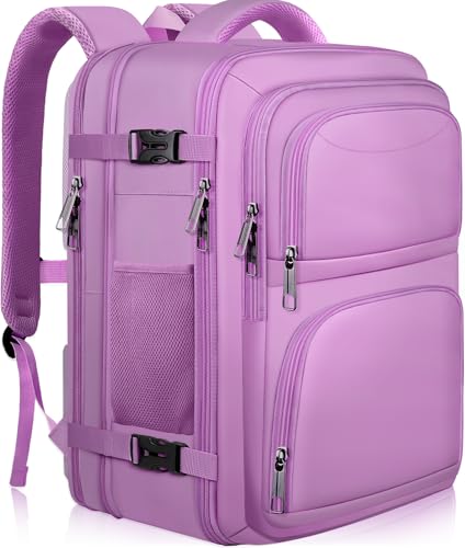 Image of Large Travel Backpack, Laptop Backpack for women, Expandable 52L Carry On Backpack, TSA Water Resistant Weekender 18.4 Inch Laptop Backpack, Anti Theft Business Computer Bag with Port, Purple