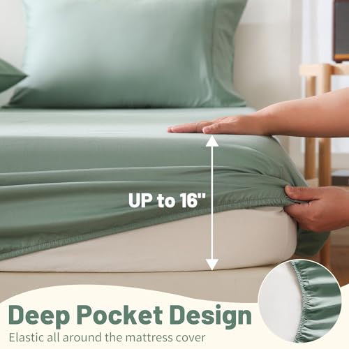 MEISHANG 1000 Thread Count Egyptian Cotton Sheets Queen - 100% Egyptian Cotton Sheet Set, Sateen Weave, Soft & Breathable, 16" Deep Pockets - 4 Piece (Queen, Sage Green)