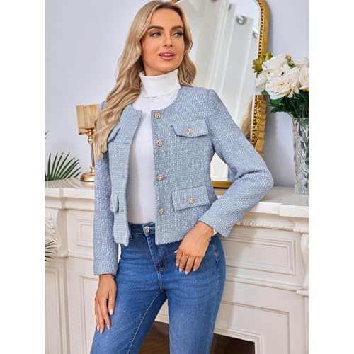Women's Tweed Blazers Jackets Casual Long Sleeve Button Down Business Short Casual Cropped Coats3