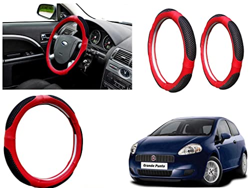 Image of Microfiber Car Steering Wheel Cover, Soft Padding Great Hand Feel, Anti-Slip, Faux Leather Steering Cover for Fiat Grand Punto | Black Red Jali - Pack of 1
