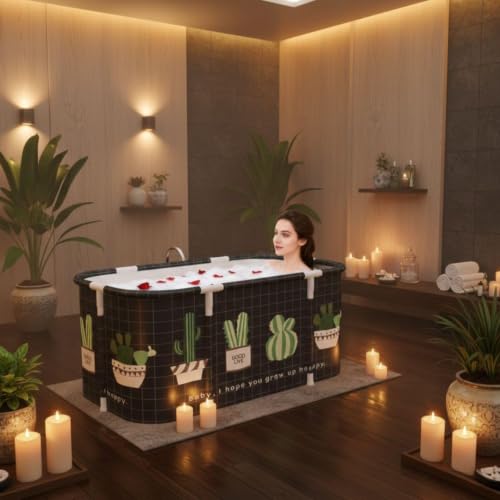 Image of Foldable Adult Bath Tub for Home Spa | Large Portable Bathtub with Backrest & Handle | Insulated Folding Tub for Hot & Cold Soak, Ice Bath, Bubble Bath & Relaxing Spa (Cactus)