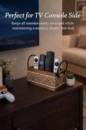 Image of Craft Expertise 2 Compartment Remote Control Holder Stand for TV & AC - Wooden & Iron Remote Organizer for Table, Sofa & Bedside | Rustic Brown Decorative Remote Caddy | Size 8 x 4 x 6.5 Inches