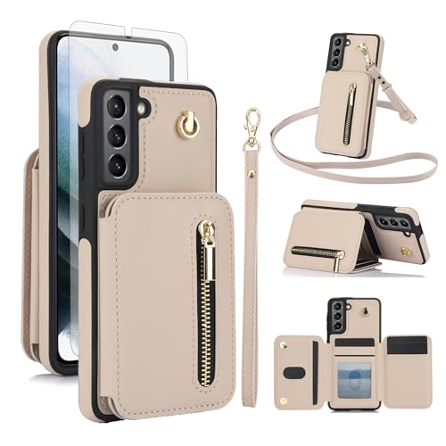 Coque Samsung S21 Plus portefeuille RFID avec verre trempé beige