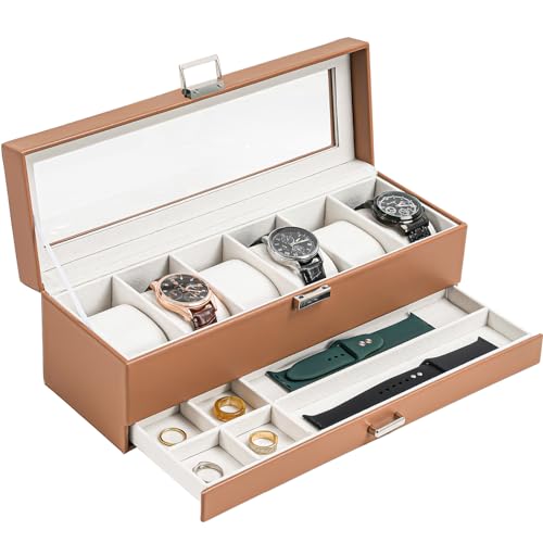 ProCase Watch Box, 6 Slot Watches Display Case with Drawer, Mens Watch Case with Glass Lid, 2-Layer Mens Jewelry Organizer Storage Holder, Birthday Va