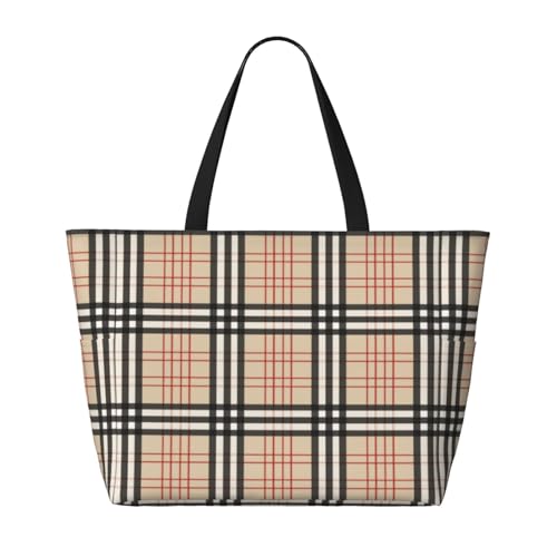 Beige Plaid Tartan Checkered Beach Bag Women Tote Bag Pool Bag With Zipper For Gym Grocery Travel With Wet Pocket, Black2