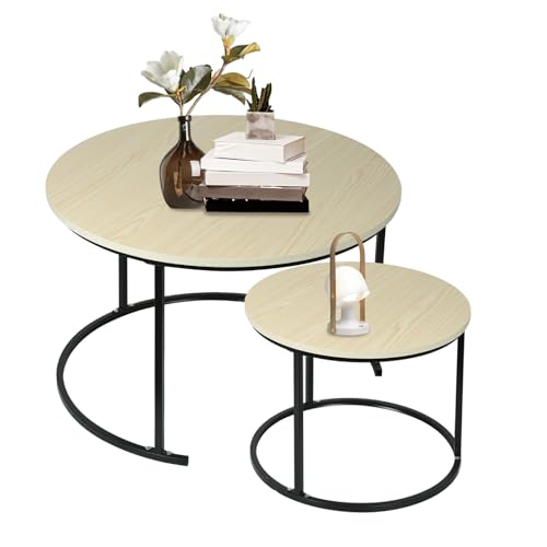 Mesa baja con aspecto de mármol – Mesa auxiliar para sala de estar, diámetro 70 + 50 cm – redonda grande – MDF – para sala de estar, dormitorio, balcón – 70 x 70 x 45 cm (madera original + patas