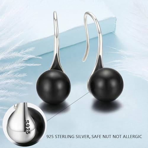 Presentski Black Pearl Dangle Earrings 925 Sterling Silver Classic Round Pearl Tear Drop Hook Earrings Jewelry Birthday Gifts for Women2