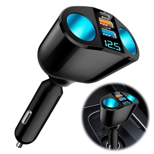 120W Car Cigarette Lighter Adapter, 12V-24V Car Cigarette Lighter USB Charger, Dual USB C QC3.0 & PD Charger Double Car Lighter Adapter with LED Voltmeter Fast Charging for Phone GPS Dashcam