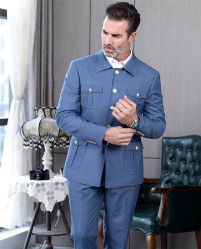 Men's Suit Stand Collar Traditiona Chinese Suit Slim Fit 2 Piece Suits Metal Button Blazer Pant Set2