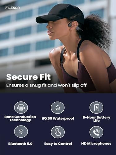 Filenor Bone Conduction Headphones, 2026 Upgrade Open-Ear Wireless Bluetooth Workout Headphones with Microphones, 8Hr Playtime, Waterproof Earphones for Sports, Running, Gym, Hiking, Cycling-Black — view 2